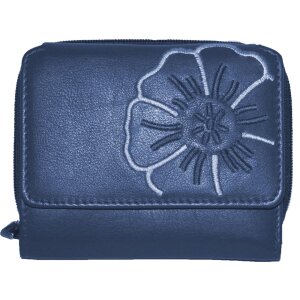 Branco Damenbörse Lederbörse mit Blumenmotiv Reißverschluss Portemonnaie blau
