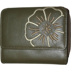 Branco Damenbörse Lederbörse mit Blumenmotiv Reißverschluss Portemonnaie grün