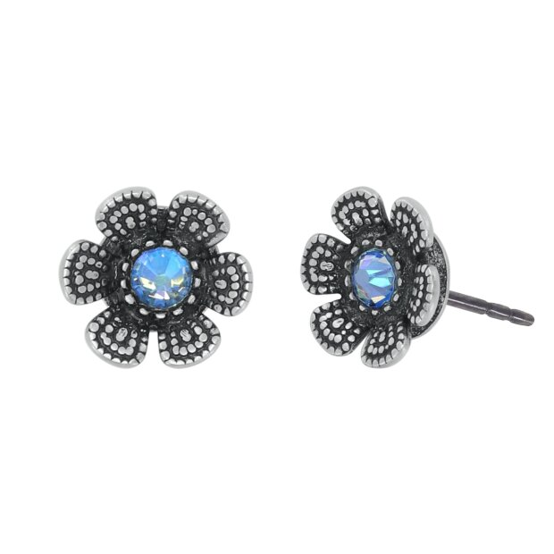 KONPLOTT Ohrstecker Love, Shine and Flowers blau antik Silber